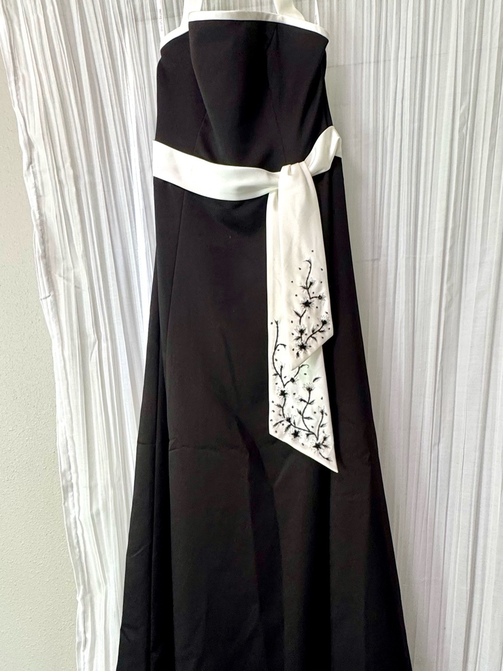 David's Bridal Strapless Black Gown with White Embroidered Sash